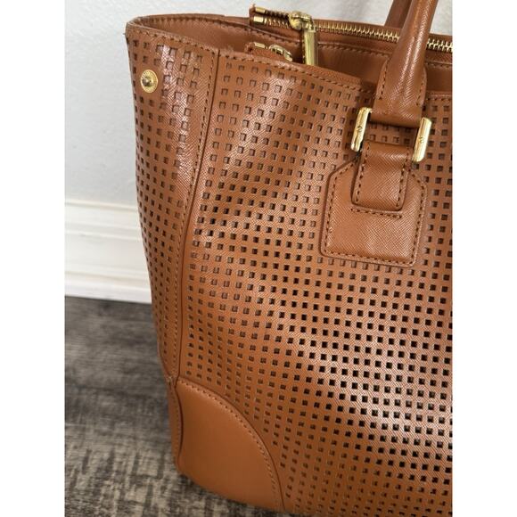 Authentic Tory Burch Robinson Perforated Tote Double Zip Satchel Brown No Strap - Picture 2 of 16